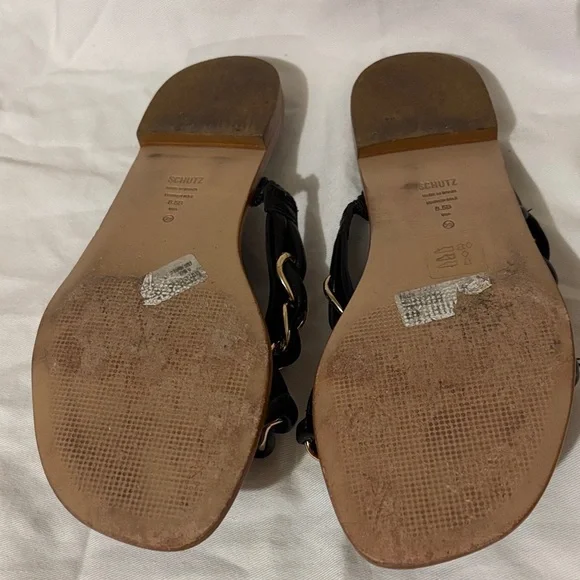 SCHUTZ Black Sandals flats with Gold Chain Detail - Picture 4 of 8